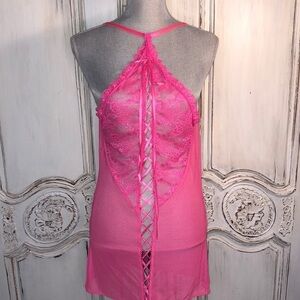 Seven Til Midnight Hot Pink Net Corset Style Nighty Size Queen